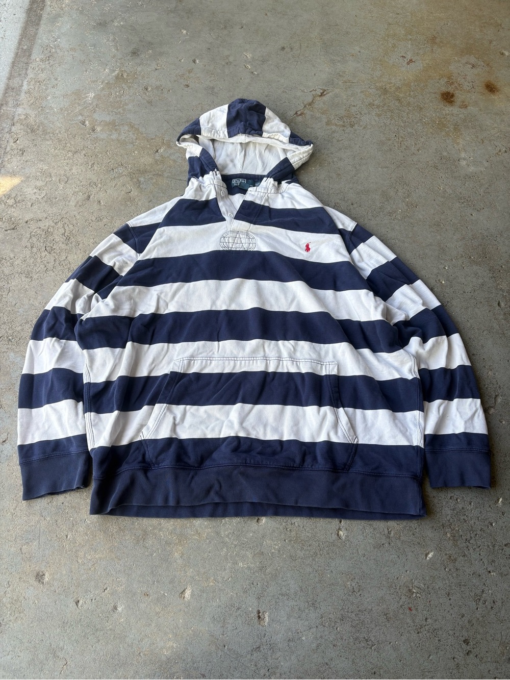 Men’s 1990’s Polo by Ralph Lauren Navy & White Striped Henley Hoodie